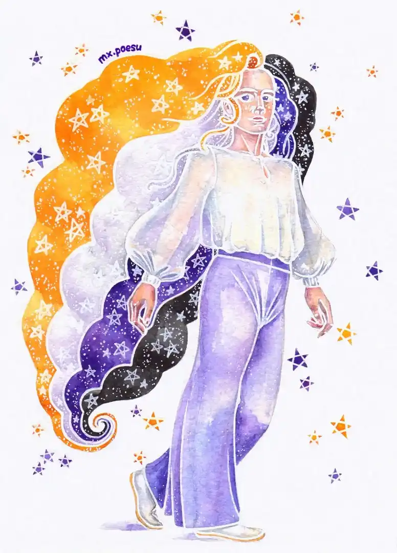 Drawing of a person walking confidently. Their dyed hair is wavering as if it's a nonbinary flag. There're little purple and yellow stars around them