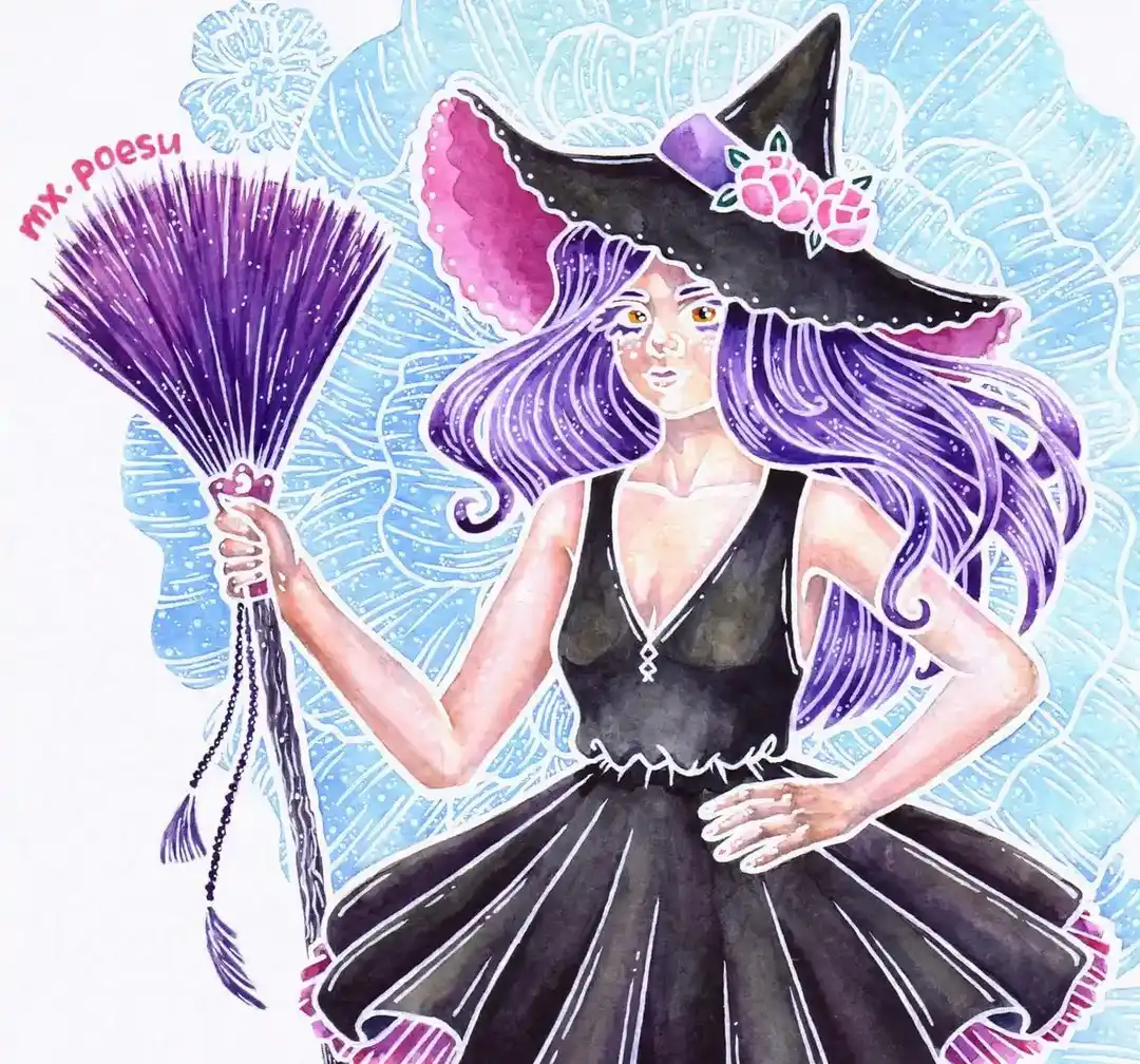 Drawing of a purple-hair witch holding a purple broom. She wears a hat and a short bouffant dress