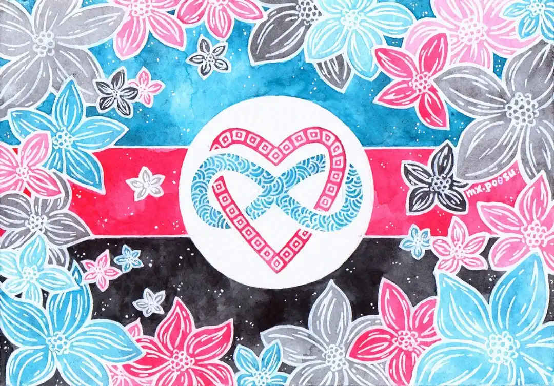 Watercolour drawing of a stylized polyamorous flag. At the centre there's a heart and an infinity sign entangled with one another. Around it there're flowers and sparkles