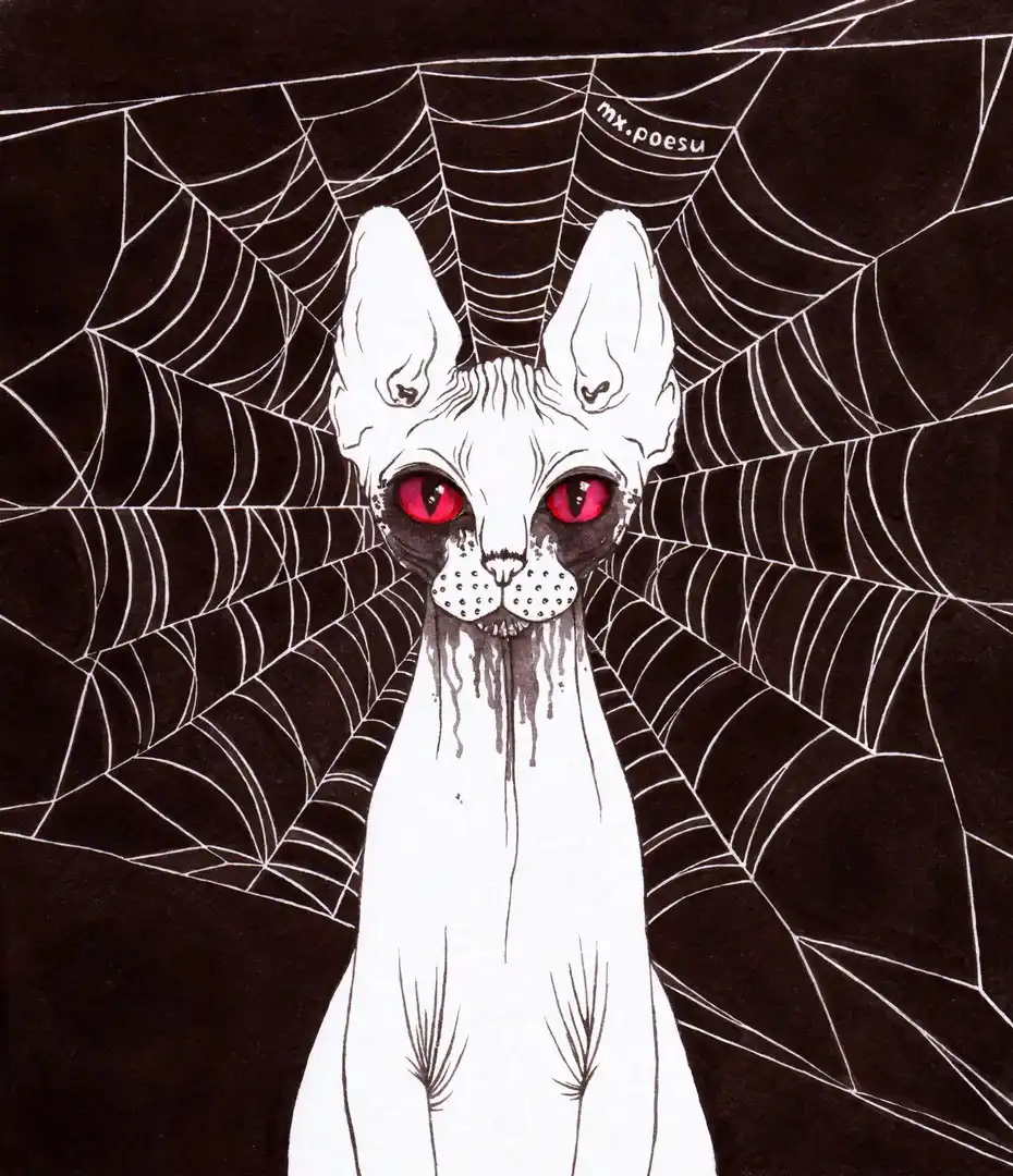 Ink drawing of a sphynx cat. Its eyes are bloodred, and the corpse paint on its face is streaming onto its neck. The cat stares directly at the viewer. Behind it there's a circle of a white spider web on the black background