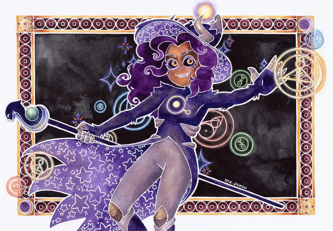 A watercolour drawing of Luz Noceda in a form of the Titan. She is a young Latina witch with a staff. Glowing magical glyphs float around her