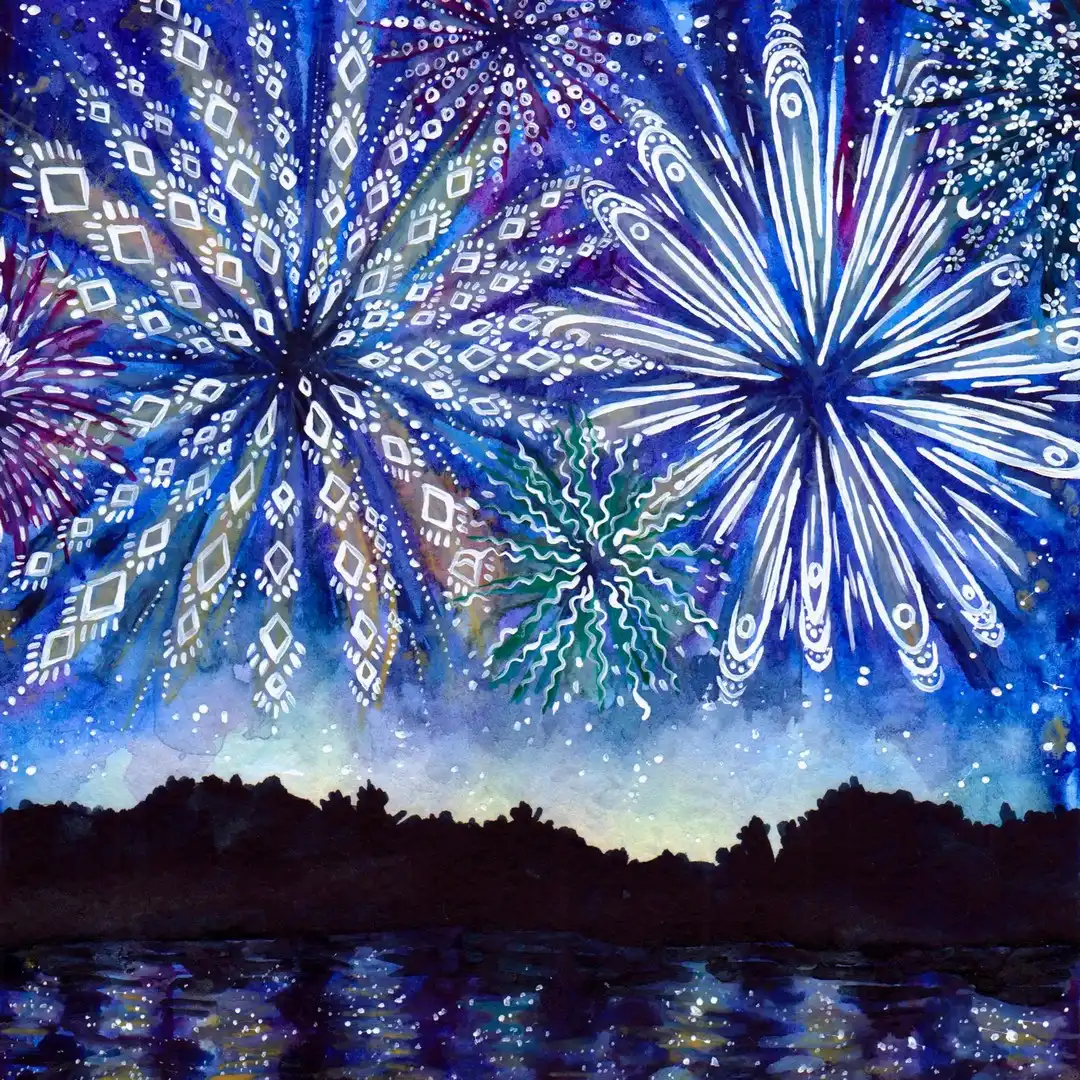 Fireworks over a lake