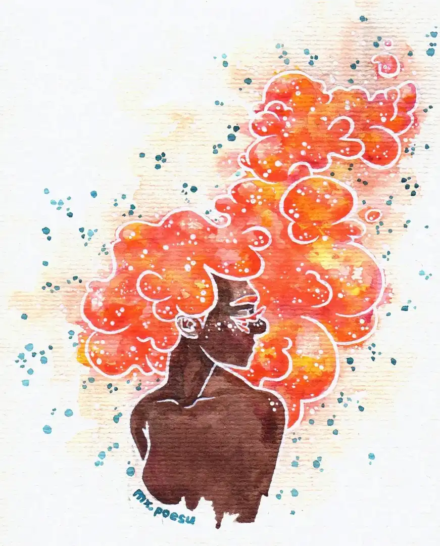 A person with vivid orange hair rising up like smoke