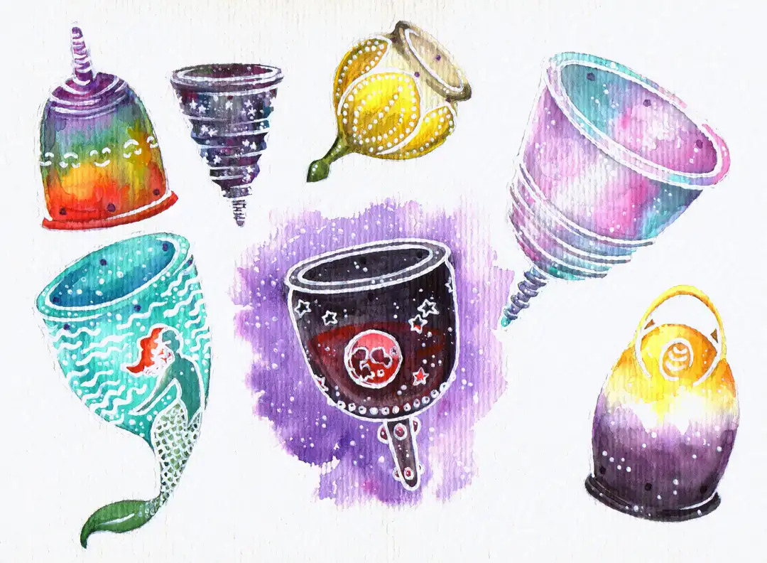 Menstrual cups with colourful prints