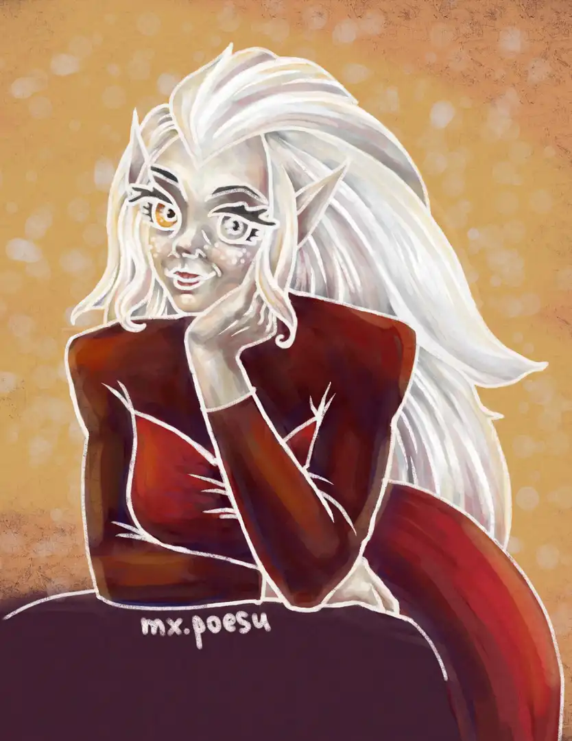 Portrait of Eda, a gray-haired witch in a red dress