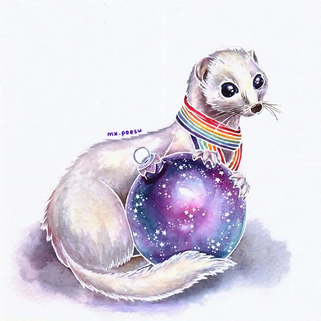 A weasel holding a New Year tree toy