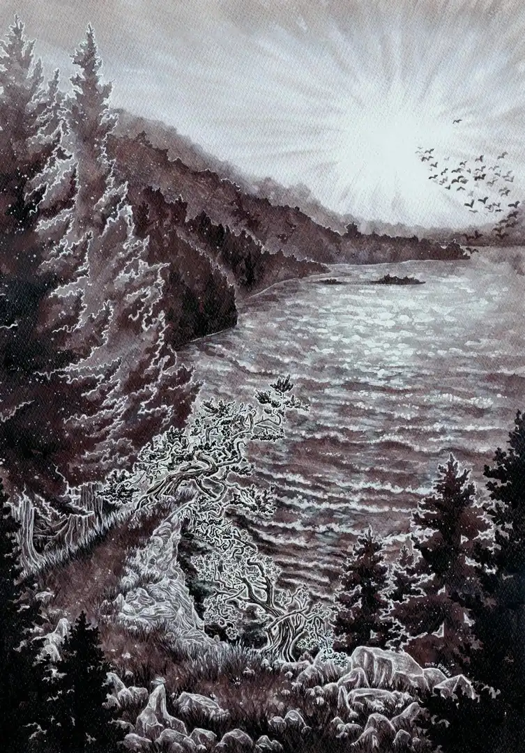 Ink painting of a lake surrounded by deep ever-green forest. There grows a pair of little crooked trees on a rocky mountain hill. They're significantly smaller than all the other trees, but nonetheless extending their branches towards the shining sun